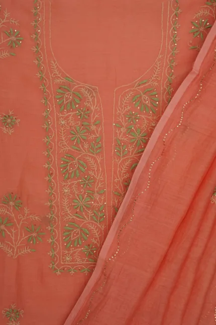 Srajann Hand Embroided Carrot Pink Mul Chanderi Lucknowi Chikankari Unstitched Kurta Dupatta Set: Vibrant Elegance