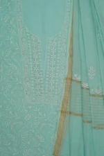Srajann Hand Embroided Sea Green Mul Chanderi Lucknowi Chikankari Unstitched Kurta Dupatta Set: Coastal Chic