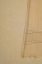 Srajann Hand Embroided Fawn Mul Chanderi Lucknowi Chikankari Unstitched Kurta Dupatta Set