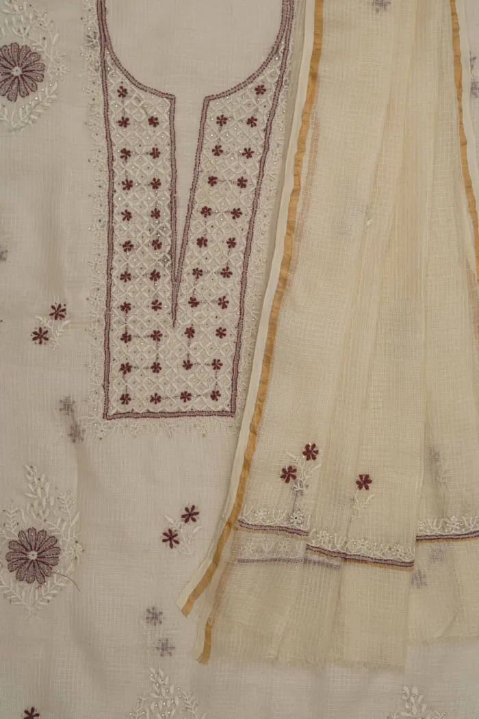 Srajann Hand Embroided Fawn Kota Cotton Lucknowi Chikankari Unstitched Kurta Dupatta Set: Subtle Sophistication