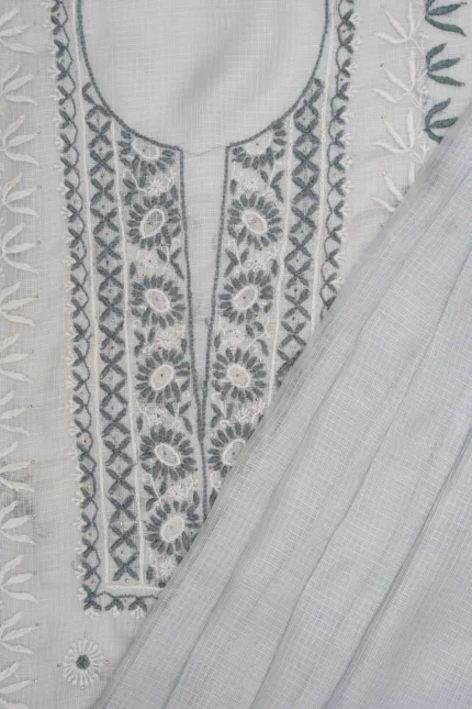 Srajann Hand Embroided Grey Kota Cotton Lucknowi Chikankari Unstitched Kurta Dupatta Set: Urban Chic