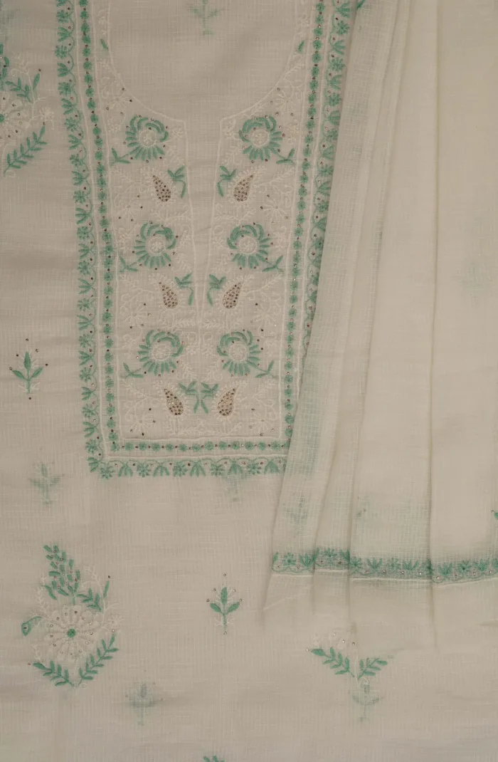 Srajann Hand Embroidered White Kota Lucknowi Chikankari Unstitched Kurta Dupatta Set: Timeless Elegance