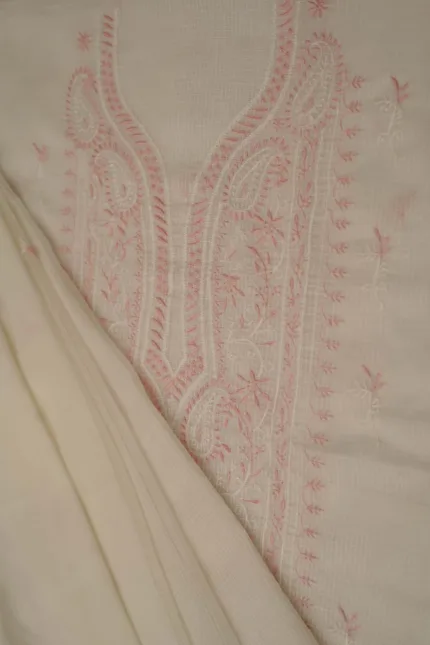 Srajann Hand Embroidered White Kota Lucknowi Chikankari Unstitched Kurta Dupatta Set