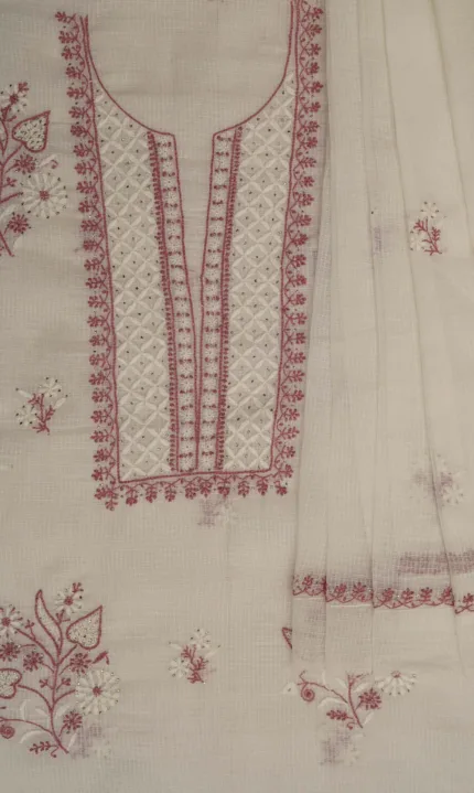 Srajann Hand Embroidered White Kota Lucknowi Chikankari Unstitched Kurta Dupatta Set: Elegant Chikankari Ensemble