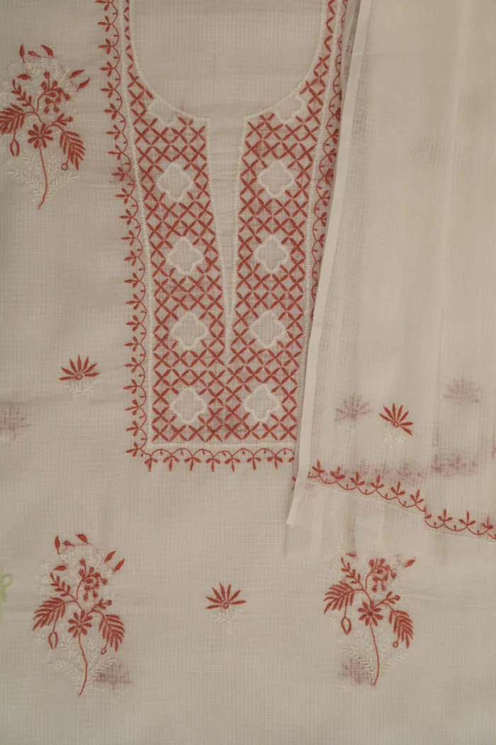 Srajann Hand Embroidered White Kota Lucknowi Chikankari Unstitched Kurta Dupatta Set: Timeless Elegance"