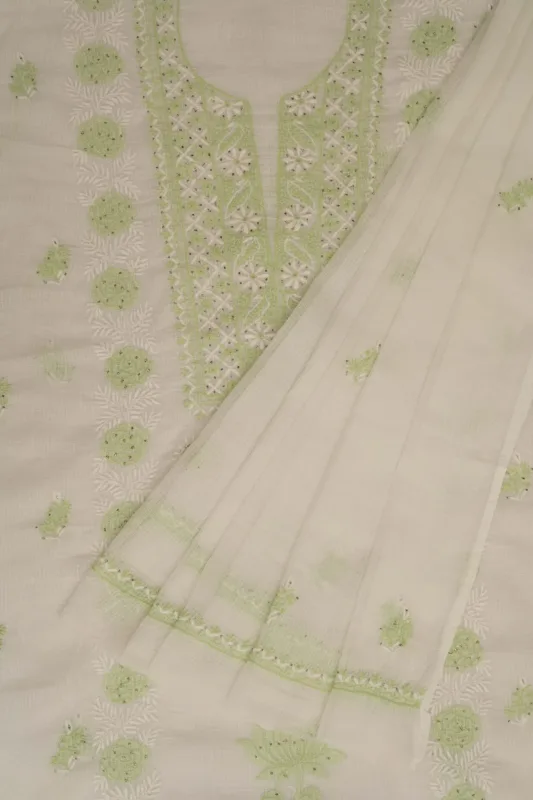 Srajann Hand Embroidered White Kota Lucknowi Chikankari Unstitched Kurta Dupatta Set