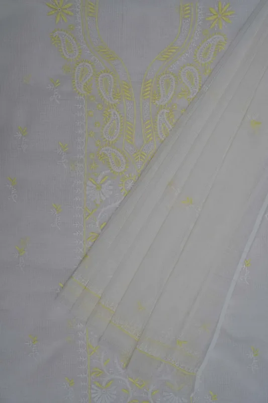 Srajann Hand Embroidered White Kota Lucknowi Chikankari Unstitched Kurta Dupatta Set
