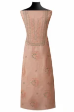 Srajann Hand Embroided Grey, Peach Linen Lucknowi Chikankari Unstitched Kurta Dupatta Set (SLC1802) - Image 2