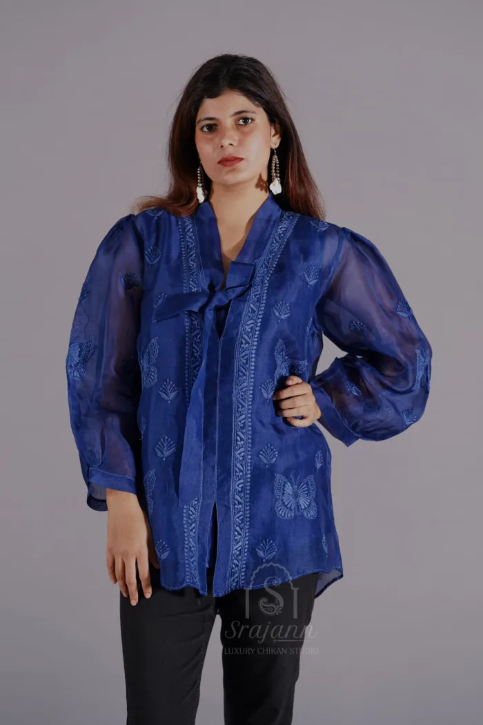 Srajann Hand Embroidered Royal Blue Pure Organza Lucknowi Chikankari Shirt With Slip: Timeless Elegance