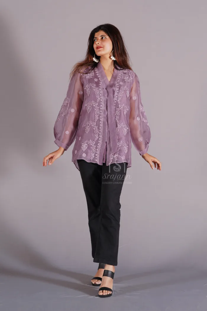 Srajann Hand Embroidered Mauve Pure Organza Lucknowi Chikankari Shirt With Slip