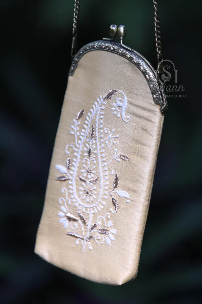 Srajann Hand Embroidered Beige Silk Lucknowi Chikankari Mobile Cover With Zari Work
