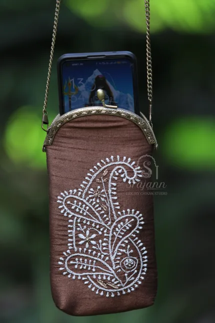 Srajann Hand Embroidered Brown Silk Lucknowi Chikankari Mobile Cover With Zari Work: Timeless Elegance