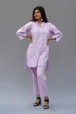 Lavender Linen Lucknowi Chikankari Co-Ord Set: Srajann Hand Embroidered Opulence
