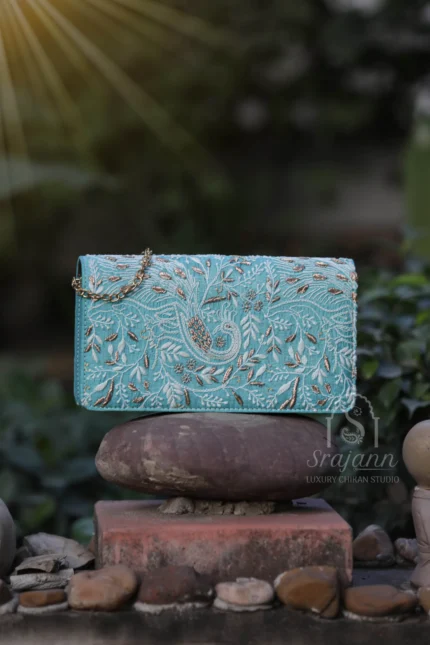 "Sky Blue Silk Lucknowi Chikankari Clutch with Zari Work"