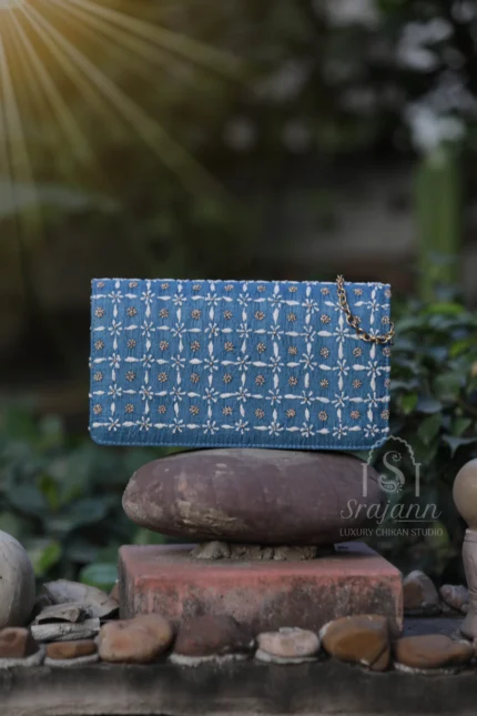 "Turquoise Blue Silk Lucknowi Chikankari Clutch with Zari Work"