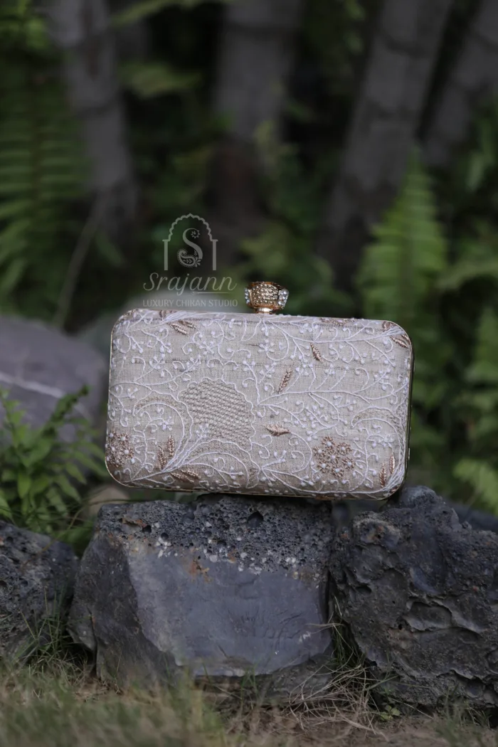 Srajann Hand Embroidered Fawn Lucknowi Chikankari Clutch with Zari Work