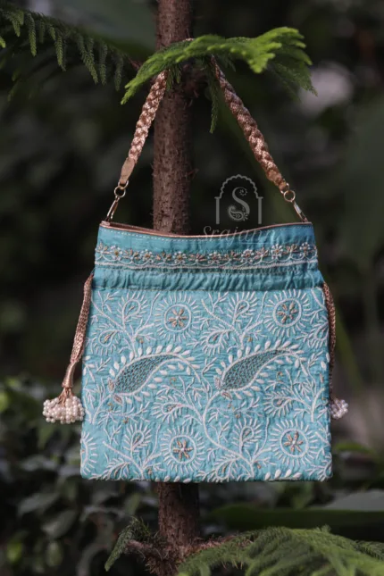 "Embroidered Cyan Blue Silk Lucknowi Chikankari Potli Bag with Zari Embellishments"