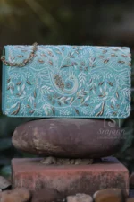 AQUA BLUE CHIKANKARI CLUTCH BAG - Image 3