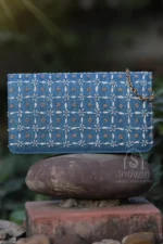 Srajann Hand Embroidered Turquoise Blue Silk Lucknowi Chikankari Clutch With Zari Work (SLC3753) - Image 3