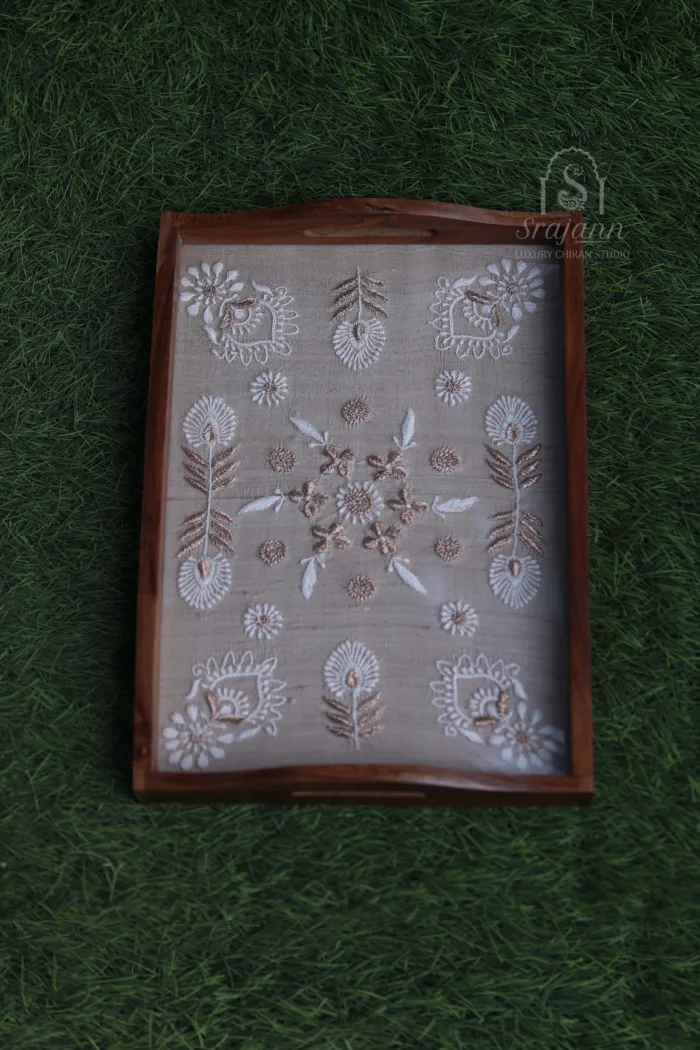 Srajann Hand Embroidered Fawn Silk Lucknowi Chikankari Tray With Zari Work