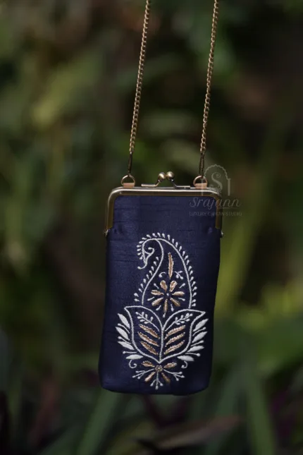 Stylish Blue Silk Mobile Cover: Handcrafted Lucknowi Chikankari with Zari Embellishments