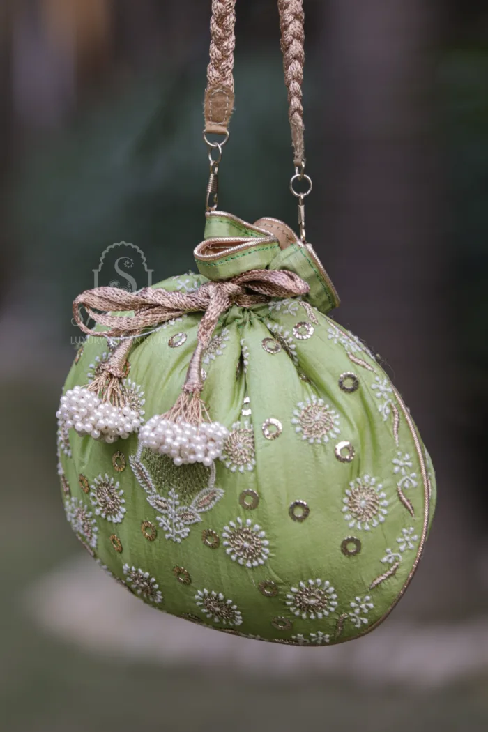 "Lime Green Silk Lucknowi Chikankari Potli Bag with Muqaish Embellishments"