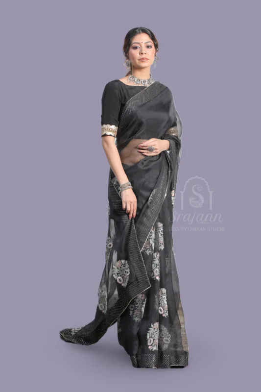 Hand Embroidered Black Organza Lucknowi Chikankari Saree With Blouse