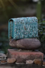 AQUA BLUE CHIKANKARI CLUTCH BAG - Image 4