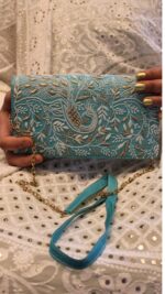 AQUA BLUE CHIKANKARI CLUTCH - Image 2