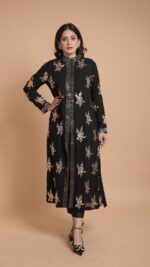 BLACK PURE & PREMIUM GEORGETTE MUKAISH STRAIGHT KURTA & PANT SET
