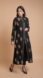 BLACK PURE & PREMIUM GEORGETTE MUKAISH STRAIGHT KURTA & PANT SET - Image 3