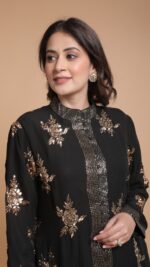 BLACK PURE & PREMIUM GEORGETTE MUKAISH STRAIGHT KURTA & PANT SET - Image 6