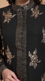 BLACK PURE & PREMIUM GEORGETTE MUKAISH STRAIGHT KURTA & PANT SET - Image 7