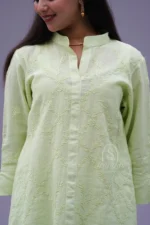 Srajann Hand Embroidered Pista Green Linen Lucknowi Chikankari Co-Ord Set (WHSL07) - Image 4