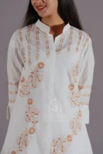 Srajann Hand Embroidered White Linen Lucknowi Chikankari Co-Ord Set (WHSL19) - Image 6