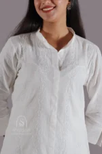 Srajann Hand Embroidered White Linen Lucknowi Chikankari Co-Ord Set (WHSL16) - Image 3