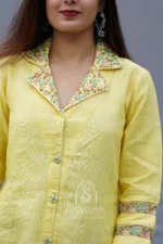 Srajann Hand Embroidered Yellow Linen Lucknowi Chikankari Co-Ord Set (WHSL10) - Image 2