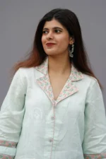 Srajann Hand Embroidered Light Blue Linen Lucknowi Chikankari Co-Ord Set (WHSL12) - Image 2