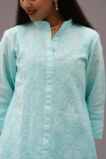 Srajann Hand Embroidered Blue Linen Lucknowi Chikankari Co-Ord Set (WHSL15) - Image 3