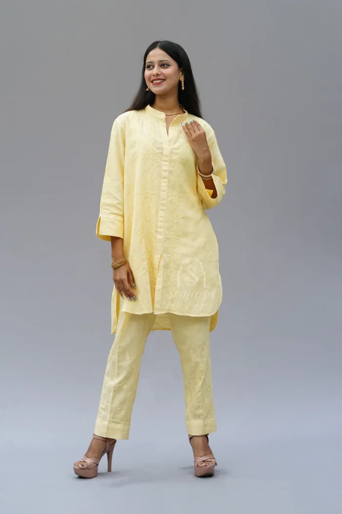 Exquisite Handcrafted Lemon Linen Ensemble: Chikankari Artistry at Its Finest