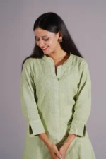Srajann Hand Embroidered Green Linen Lucknowi Chikankari Co-Ord Set (WHSL18) - Image 4