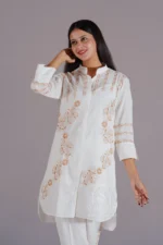 Srajann Hand Embroidered White Linen Lucknowi Chikankari Co-Ord Set (WHSL19) - Image 5