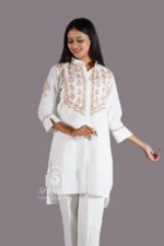 Srajann Hand Embroidered White Linen Lucknowi Chikankari Co-Ord Set (WHSL20) - Image 3