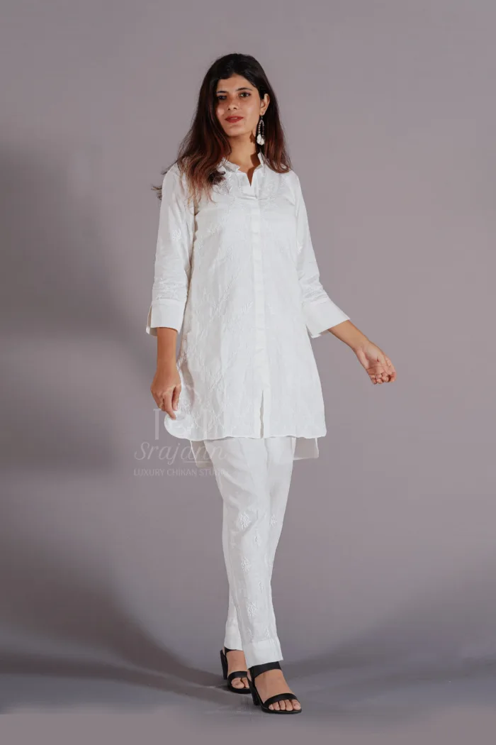 White Linen Lucknowi Chikankari Co-Ord Set: Srajann Hand Embroidered Elegance