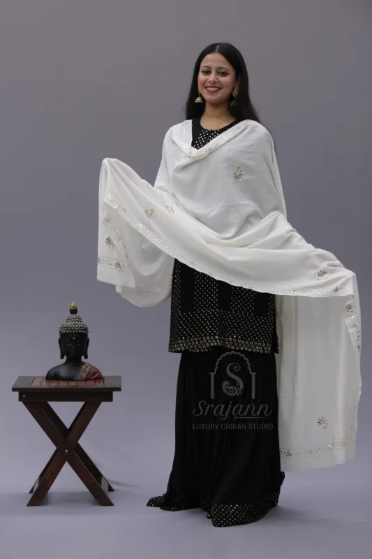 Warm Off White Lucknowi Chikankari Unisex Pashmina Shawl