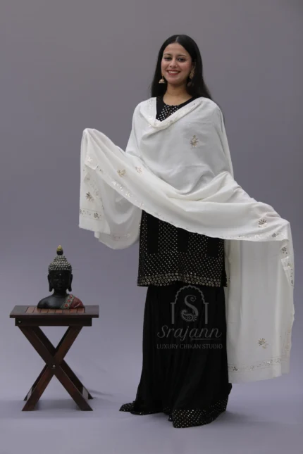 Warm Off White Lucknowi Chikankari Unisex Pashmina Shawl