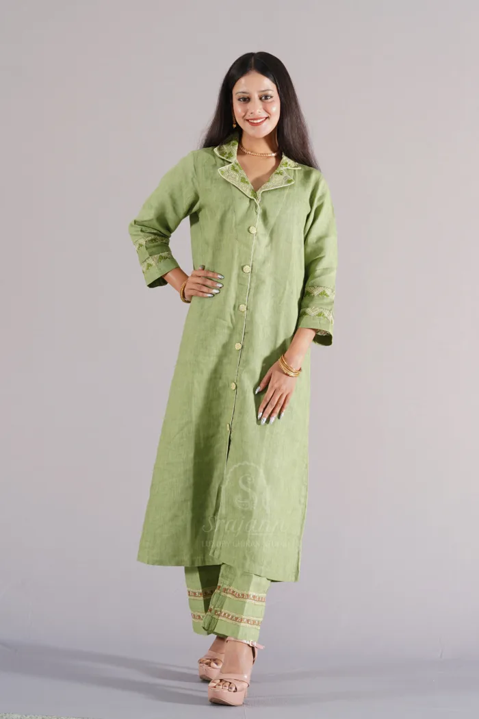 Srajann Hand Embroidered Green Linen Lucknowi Chikankari Co-Ord Set (WHSL09)