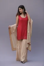 "Red/Beige Pure Georgette Mukaish Embroidered Small Size Garara Set"