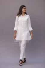 Srajann Hand Embroidered White Linen Lucknowi Chikankari Co-Ord Set (WHSL25) - Image 3