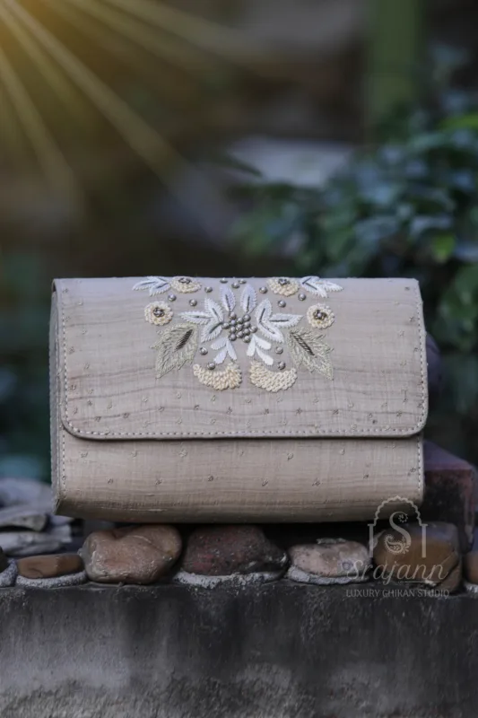 "Embroidered Beige Silk Lucknowi Chikankari Clutch With Zardozi"
